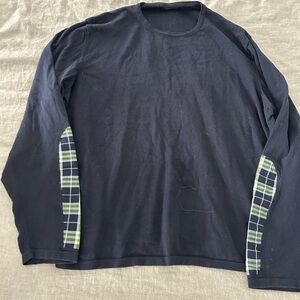 BURBERRY LONDON Navy Crewneck Sweater with Plaid Elbow Patches